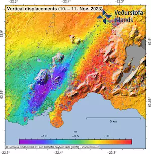 COSMO-Skymed interferogram spanning 24-hours between 18−19 November at 06:41. The broad uplift signal visible in orange/red around Svartsengi is indicative of a deep inflation (>5 km) taking place.